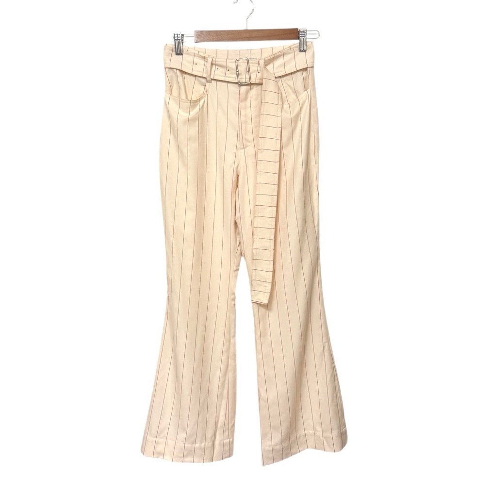 Orseund Iris | $875 Flare Crop Belted Pinstripe Wool Pants In Cream/Red, Size 6 — image 6 of 8